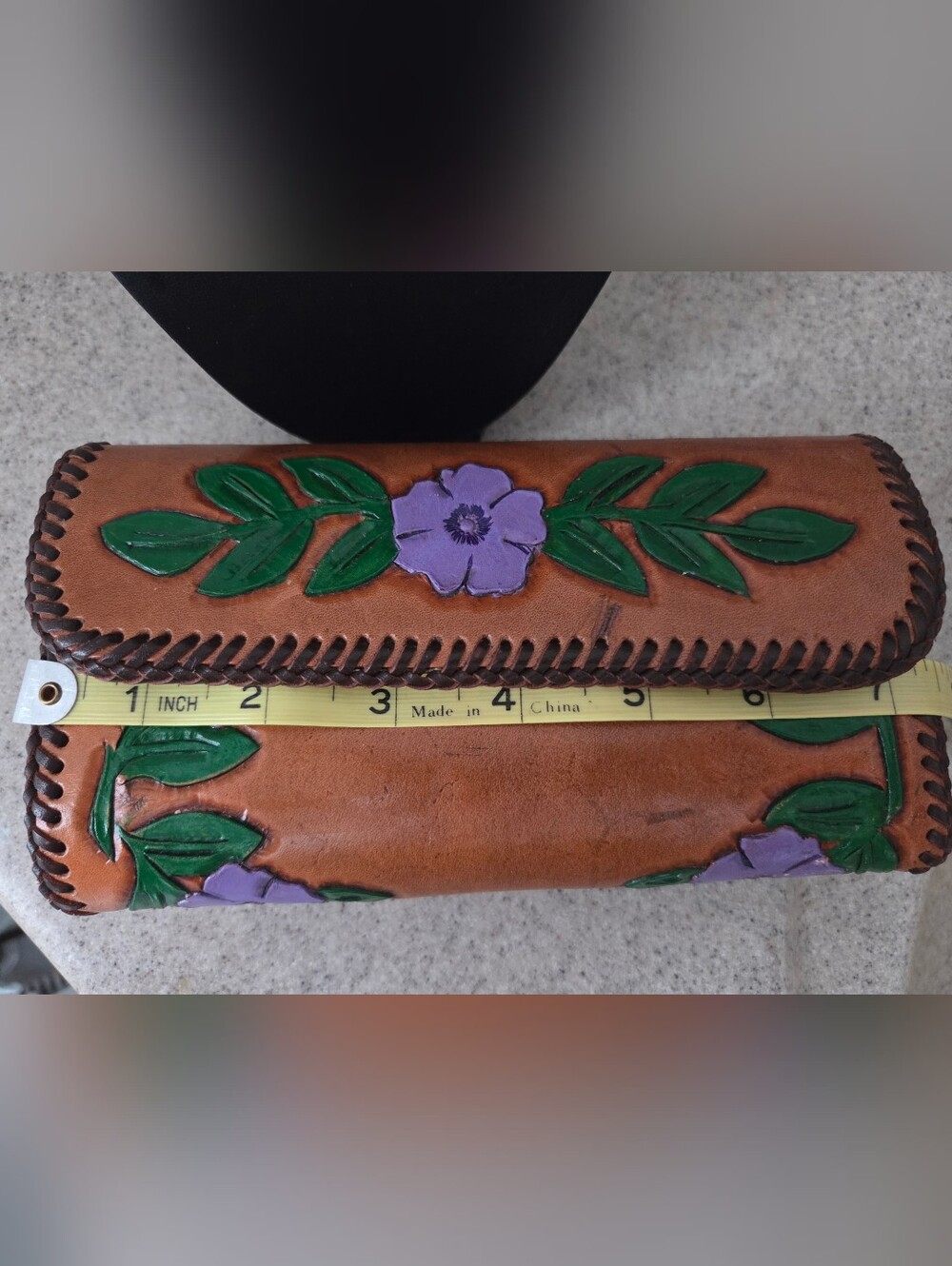 Hand Made Tooled Leather Floral Hand Painted Vintage Whip Stitch Tri-fold Wallet - Picture 12 of 14